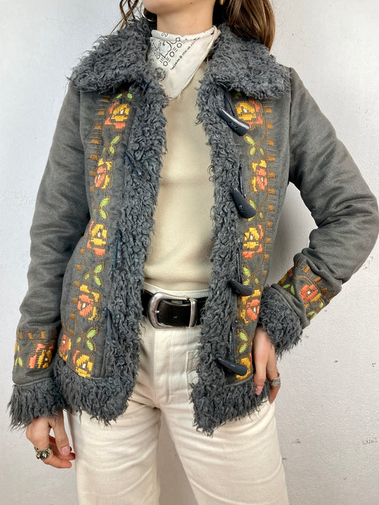 VINTAGE Y2K EMBROIDERED FAUX SHEARLING JACKET