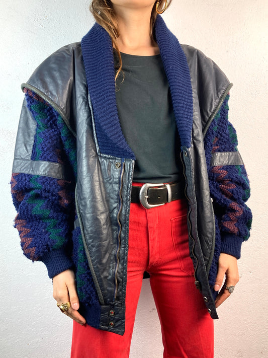 VINTAGE 80s KNITTED LEATHER BOMBER JACKET