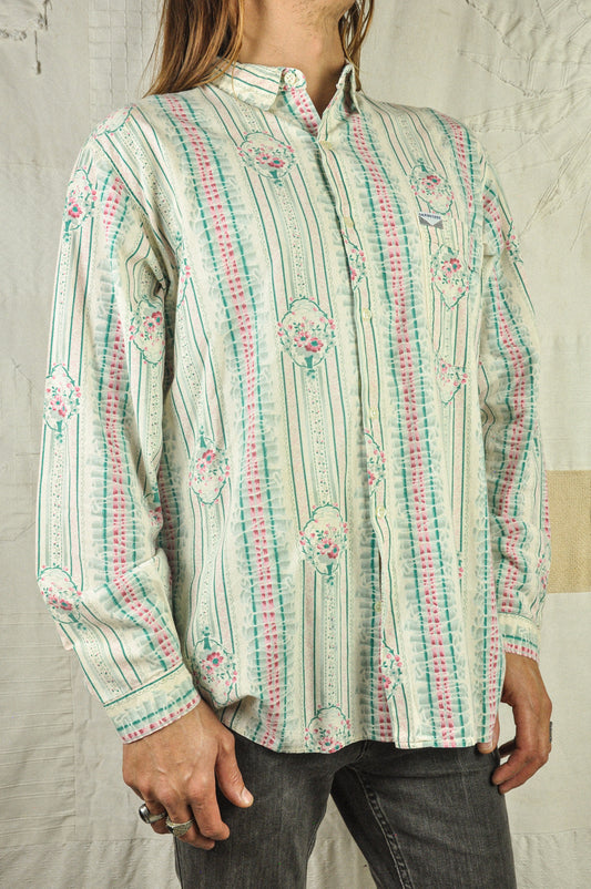 VINTAGE 90's COTTON FLORAL STRIPES LONG SLEEVE SHIRT