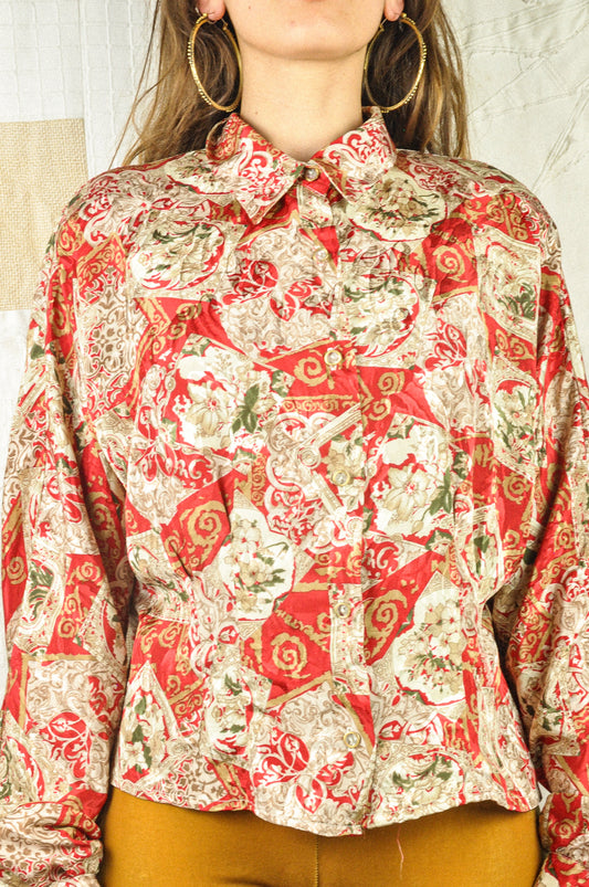 VINTAGE SATIN ORNAMENTAL JACQUARD FABRIC BLOUSE